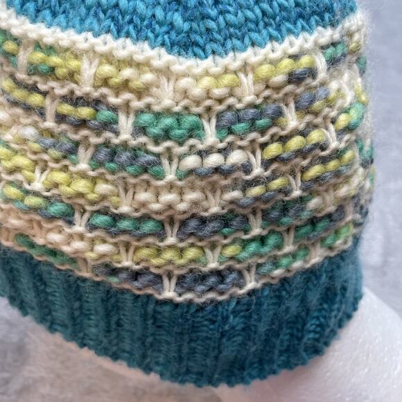 PrAna Francesca Pom Beanie Hat OS Turquoise Wool Winter Ski Snow Fleece Lined - Picture 6 of 7